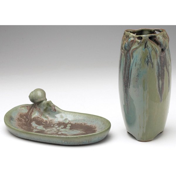 Denbac tray: Denbac tray, multi-toned matte glaze with a applied snail figural, signed, 9"w x 2.5"h; with a Denbac vase, attribution, triangular shape with stylized flowers, covered in a blue, green and purple gla