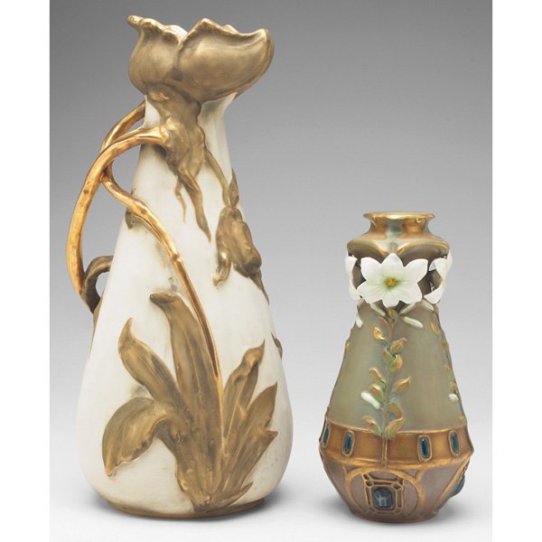 Amphora ewer: Amphora ewer, large shape with raised leaves and a handle of stems in gold over a cream matte glaze, marked, #3853, 7"w x 14.5"h; with an Amphora vase, designed by Paul Dachsel, Terex secessionist vas