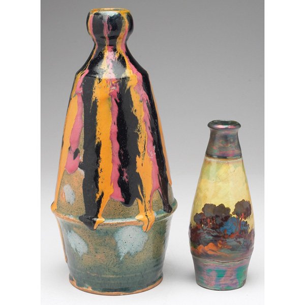Amphora vase: Amphora vase, designed by Paul Dachsel, unusual shape with a colorful experimental drip glaze, signed, 5"w x 10.5"h; with a BACS vase, waisted shape, colorful metallic glazes with a painted seascape,
