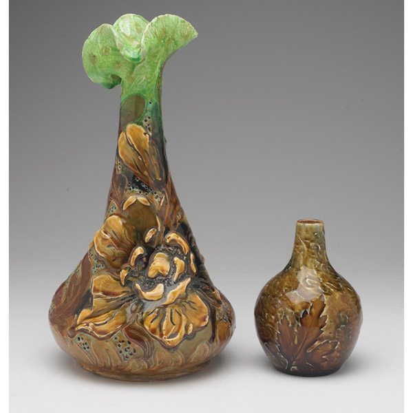 T. Dean vase: T. Dean vase, British, large twisted shape, Art Nouveau design with colorful slip glazes and relief flowers and leaves, hand signed, 7"w x 12"h; with a Doulton Lambeth vase, British, bulbous shape, im