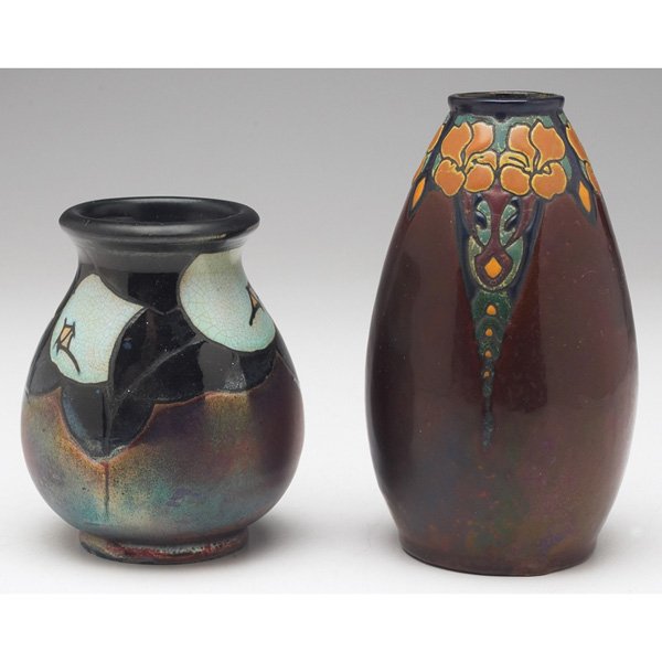 Jean Barol vase: Jean Barol vase, bulbous shape, covered with a colorful metallic glaze, incised and painted fruit design at top, signed, 3"w x 3.5"h; with a Montieres vase, covered in a brown glaze with an incised an