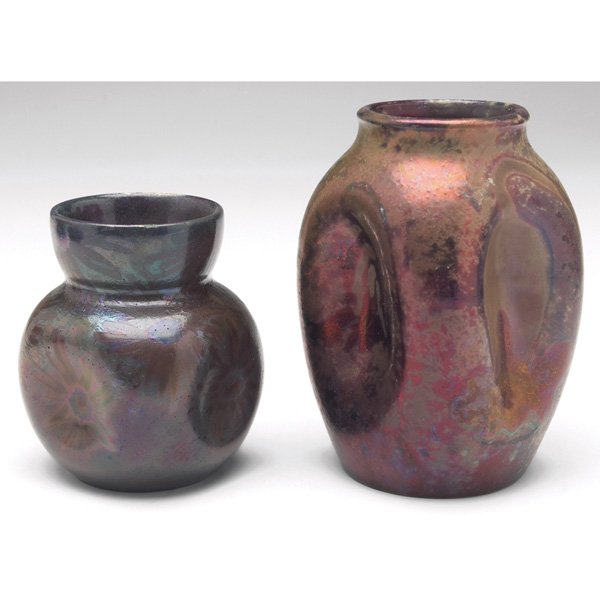 Clement Massier vase: Clement Massier vase, dimpled shape decorated with stylized flowers and covered in a metallic luster, signed, 2.25"w x 2.75"h; with a Dominique Zumbo vase, dimpled form with a tulip design, covered in