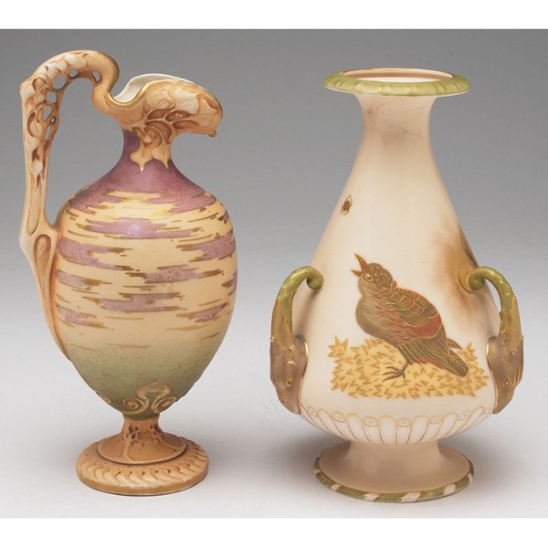Amphora ewer,: Amphora ewer, designed by Paul Dachsel, unusual shape with an organic reticulated handle, colorfully painted Summer Sunrise design, marked, #590, 4"w x 8.5"h; with an Amphora vase, flaring and footed
