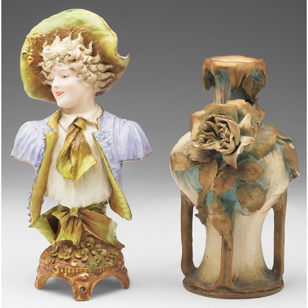 Amphora sculpture: Amphora sculpture, portrait of young man, marked, #4008, 5"w x 9.5"h; with an Amphora vase, organic shape with four handles at bottom, applied rose, marked, #3623, 5"w x 7.5"h