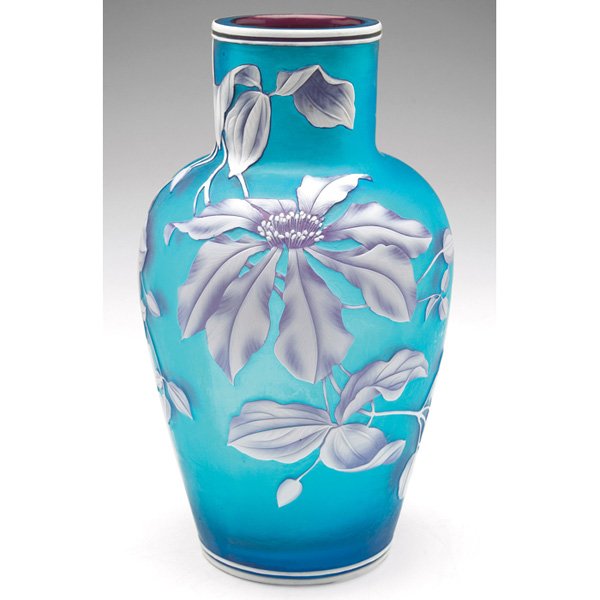 Thomas Webb & Sons vase turquoise glass: Thomas Webb & Sons vase, shouldered shape in turquoise glass with a lightly hammered surface, cameo design of a flowering branch and a butterfly in white and dark blue, 5"w x 9"h, a vase with similar