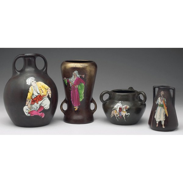Amphora vase: Amphora vases, four, designed by Eduard Stellmacher, all with colorfully painted Arab figures, bronze-colored glaze with iridescent accents, marked, largest: 6"w x 8"h