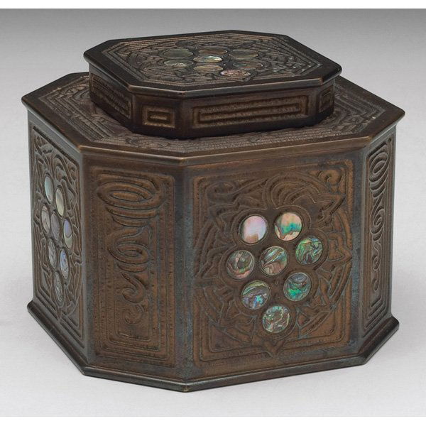 Tiffany Studios inkwell bronze abalone pattern: Tiffany Studios inkwell, bronze in the abalone pattern, original gold dore patina, signed Tiffany Studios, New York, #1157, 4"w x 3"h