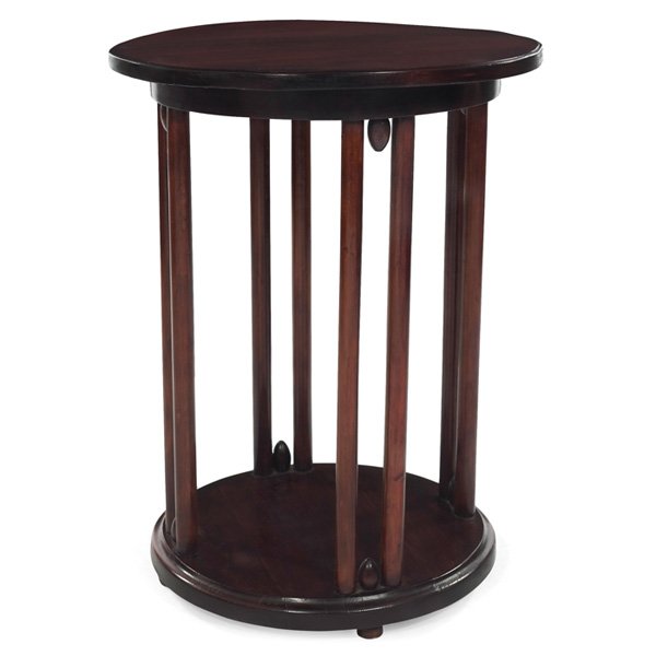 Josef Hoffman side table: Josef Hoffman side table, circular top on a spindled base with ovoid details, refinished, 23"dia x 31"h, very good condition