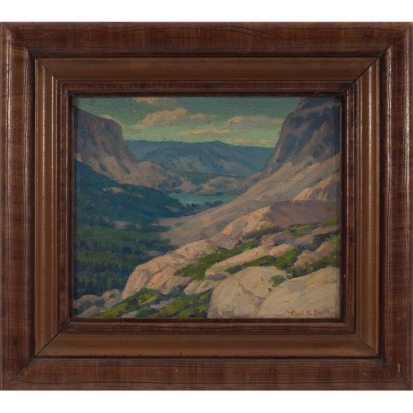 Paul Kauvar Smith: Paul Kauvar Smith (American, 1893-1978) "Estes Park, Colorado," c. 1940, oil on artist board, 10.5" x 12", signed lower right, titled on verso, framed