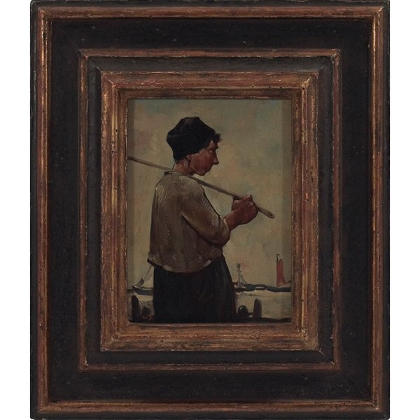 Willem Van Den Berg Fisherman: Willem Van Den Berg (Dutch, 1886-1970) "Fisherman," 1967, oil on board, 7" x 5", signed lower left, dated on Guildhall Galleries Ltd. (Chicago, Illinois) label on verso, framed