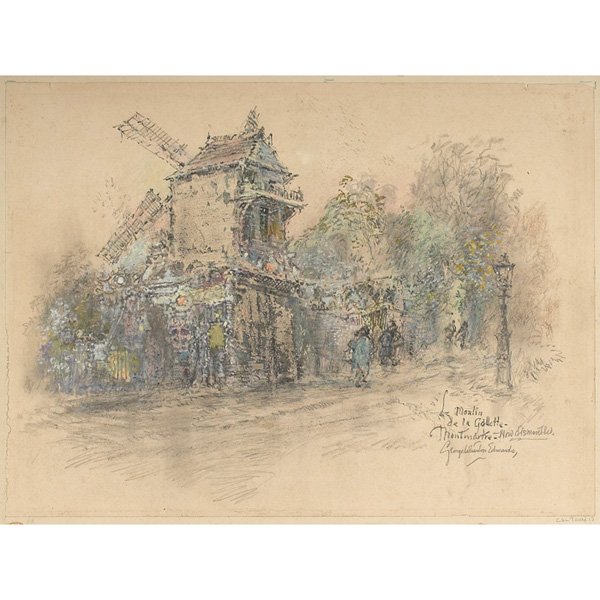 George Wharton Edwards Le Moulin de la Gallette: George Wharton Edwards (American, 1859-1950) "Le Moulin de la Gallette," c. 1920, pastel and pencil, 15" x 20", signed and titled lower right, unframed