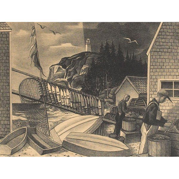 Ernest Fiene: Ernest Fiene (American, 1894-1965) "Fishermen," c. 1940, lithograph, 9.75" x 13", pencil signed lower right, unframed