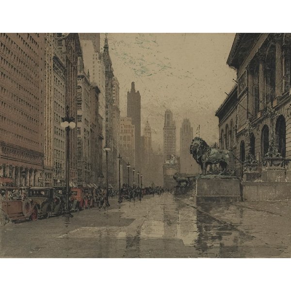 Luigi Kasimir: Luigi Kasimir (Austrian, 1881–1962) "Michigan Avenue," c. 1940, color etching, 13.75" x 17.5", pencil signed in margin, framed