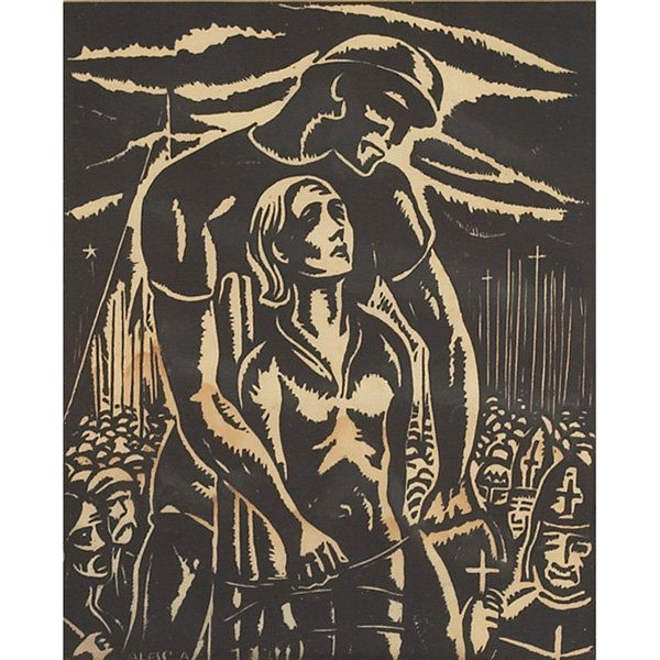 Theodor Allesch-Alescha: Theodor Allesch-Alescha (Austrian, b. 1898) "Jeanne d'Arc," c. 1930, woodcut, 10.5" x 9", pencil signed lower right, titled lower left, framed