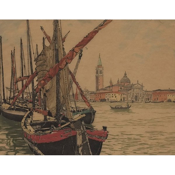 Hans Figura: Hans Figura (Austrian, 1898-1978) "Untitled," c. 1930, group of three color etchings, (one shown), largest: 7" x 9", pencil signed, framed