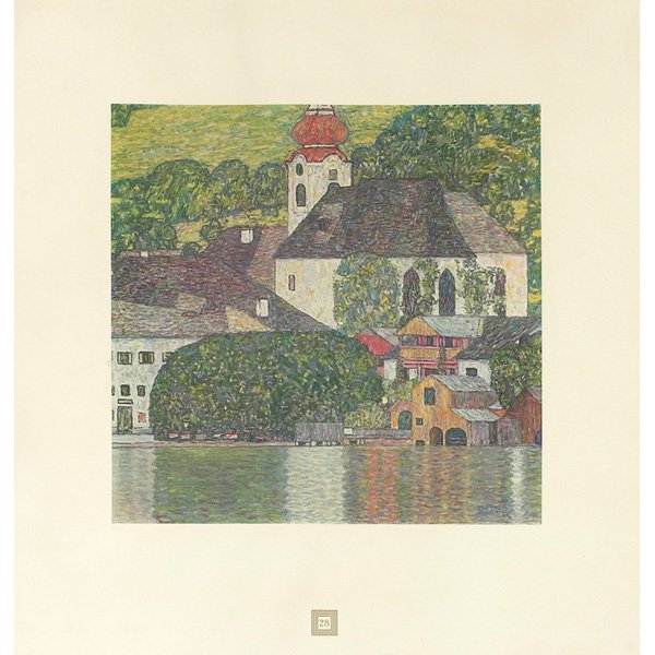 Gustav Klimt Church on Lake Wolfgang No. 28: Gustav Klimt (Austrian, 1862-1918) "Church on Lake Wolfgang, No. 28" 1931, collotype, 12" x 12.25", signed in plate, unframed