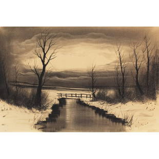 Medard P. Klein: Medard P. Klein (American, 1905-2002) "Dusk," c. 1960, charcoal, 11" x 18", estate stamped on verso, unframed