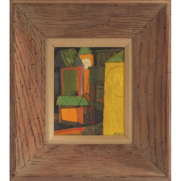Arthur Osver: Arthur Osver (American, 1912-2006) "Towers," 1952, oil on canvas, 7.75" x 6.25", signed lower right, signed, titled and dated on verso, framed