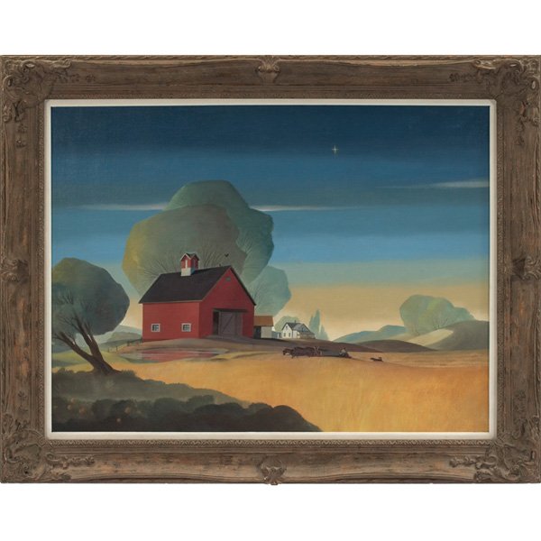 Dale William Nichols Twilight Henry Wadsworth Longfell: Dale William Nichols (American, 1904-1995) "Twilight," 1981, oil on canvas, 30" x 40", signed and dated lower left, titled on verso, excerpt from a poem by Henry Wadsworth Longfellow written in artist