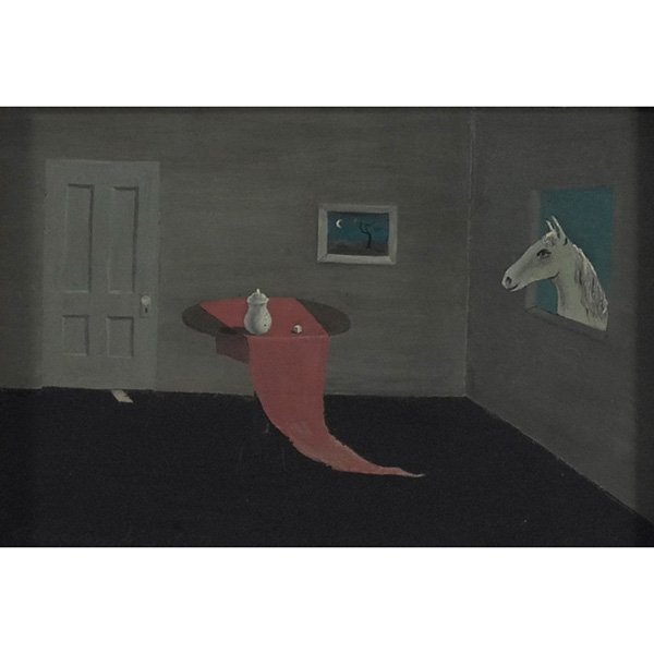 Gertrude Abercrombie Surrealist Kitchen: Gertrude Abercrombie (American, 1909-1977) "Surrealist Kitchen," 1950, oil on masonite, 5" x 7", signed and dated lower left, framed Provenance: Gift of the artist to Arnold Newman Estate of Arnold Ne