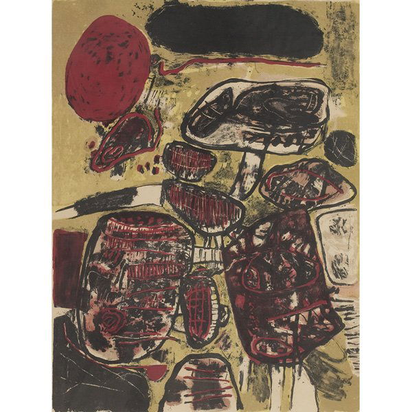 Corneille: Corneille (Dutch, 1922-2010) "Le Soleil Rouge," 1963, color lithograph, 25.75" x 19.75", pencil signed, titled, dated and numbered in margin, edition of 200, unframed