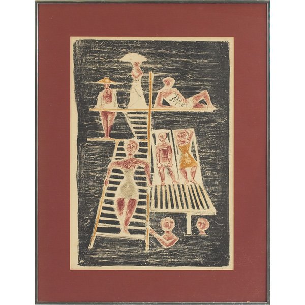 Massimo Campigli: Massimo Campigli (Italian, 1895-1971) "Untitled," 1954, color lithograph, 19.5" x 13.25", pencil signed, numbered and dated in margin, edition of 200, framed