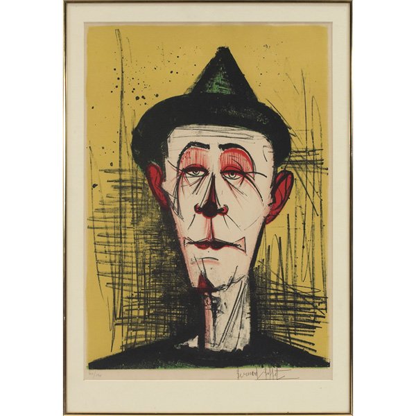 Bernard Buffet: Bernard Buffet (French, 1928-1999) "Clown," c. 1970, color lithograph, 26.5" x 18.5", signed in ink lower right, pencil numbered lower left, edition of 120, framed