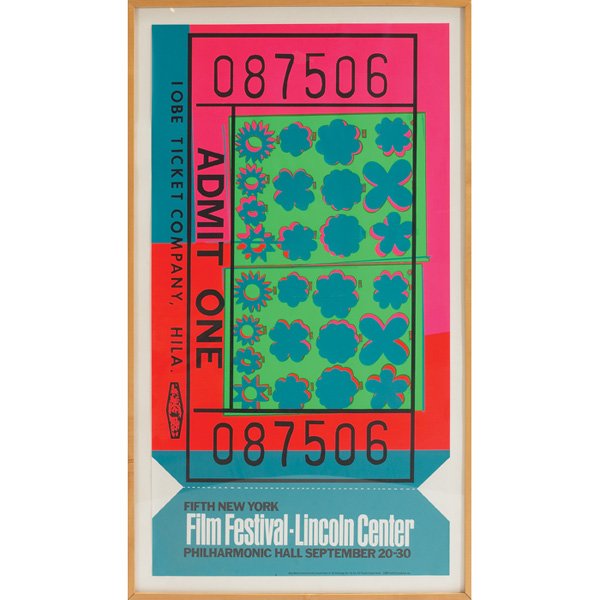 Andy Warhol Lincoln Center Ticket silkscreen: Andy Warhol (American, 1928-1987) "Lincoln Center Ticket," 1967, silkscreen, 44.75" x 24", unsigned, framed
