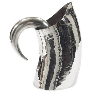 William Sawaya sterling silver pitcher: William Sawaya "Le Diable en Tete" sterling silver pitcher, by Sawaya & Moroni, 1990s, hammered surface, applied hollow horn handle, signed with stamped marks "Lavorazione a Mano" and a star mark with