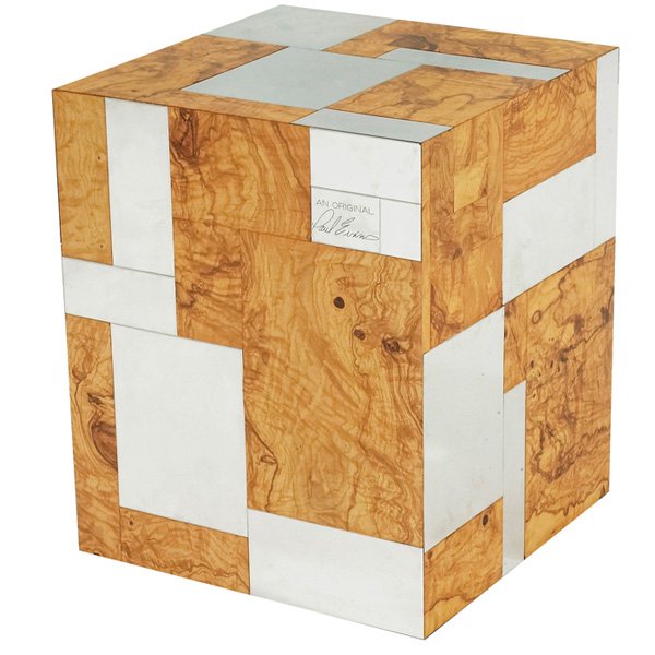 Paul Evans Cityscape cube table: Paul Evans Cityscape cube table, by Directional, patchwork surface of burled wood and chrome squares, original finish, signed "An Original Paul Evans" on one square, 15"w x 15"d x 18.25"h, excellent o