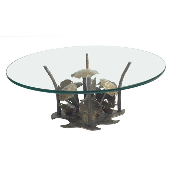 Silas Seandel Mushroom coffee table: Silas Seandel Mushroom coffee table, 1970, 3/4" round glass top supported by a sculptural brazed metal base of mushrooms, original finish, signed "Silas Seandel 1970", 42"dia x 15.5"h, very good origi