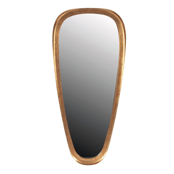 La Barge ovoid wall mirror: La Barge ovoid wall mirror, made in Belgium, sculptural gold-leafed wood frame, original finish, signed with paper La Barge label, 19.5"w x 43"h, very good original condition