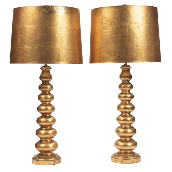 Large Frederick Cooper table lamp: Large Frederick Cooper table lamps, pair, 1940s, turned wood forms with the original good leaf finish, original matching gold-leafed shades with original ball finials, signed on shades "F. Cooper Stud