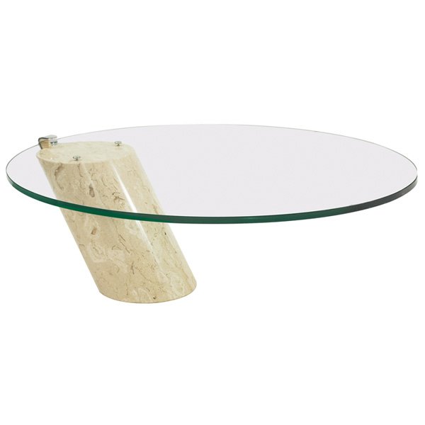 Brueton cantilevered coffee table: Brueton cantilevered coffee table, angled marble cylinder supports an oval glass top, polished steel fittings, original finish, unsigned, 51"w x 39.25"d x 17.75"h, chip to glass, very good original co