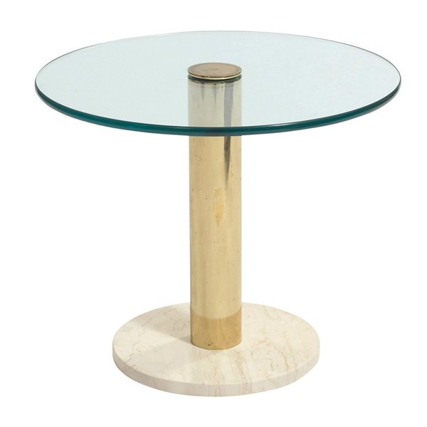 Charles Hollis Jones side table: Charles Hollis Jones side table, USA, round glass top connected to a marble base by a brass support, original finish, 20"dia x 16.75"h, very good original condition