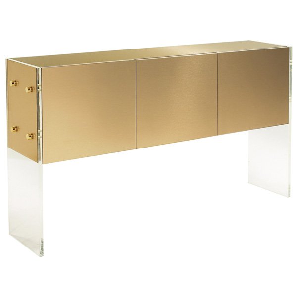 Milo Baughman cabinet: Milo Baughman cabinet, by Thayer Coggin, acrylic slab sides support a small cabinet covered in the original laminate with brushed metal finish, back is also finished, brass hardware to sides, original
