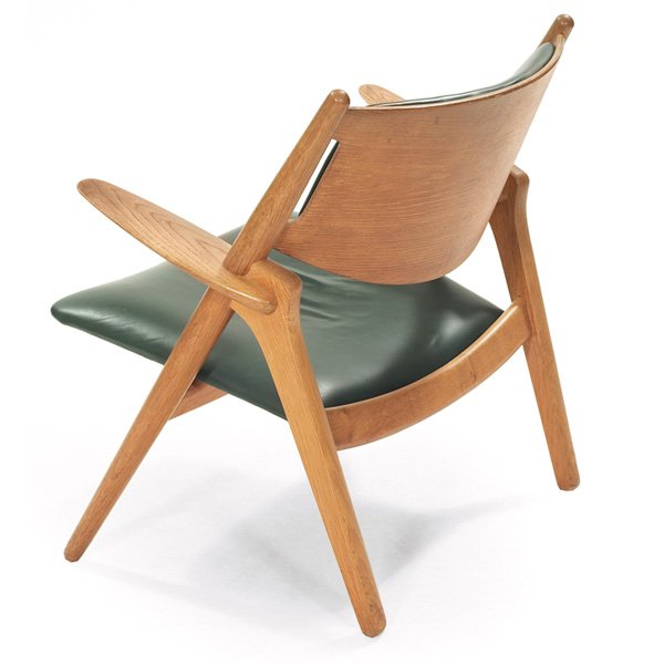 Hans Wegner CH28 Sawbuck armchair: Hans Wegner CH28 "Sawbuck" armchair, oak, by Carl Hansen & Son, Denmark, 1960s, reupholstered in dark green leather, original finish, unsigned, 29.25"w x 27"d x 30"h, excellent condition