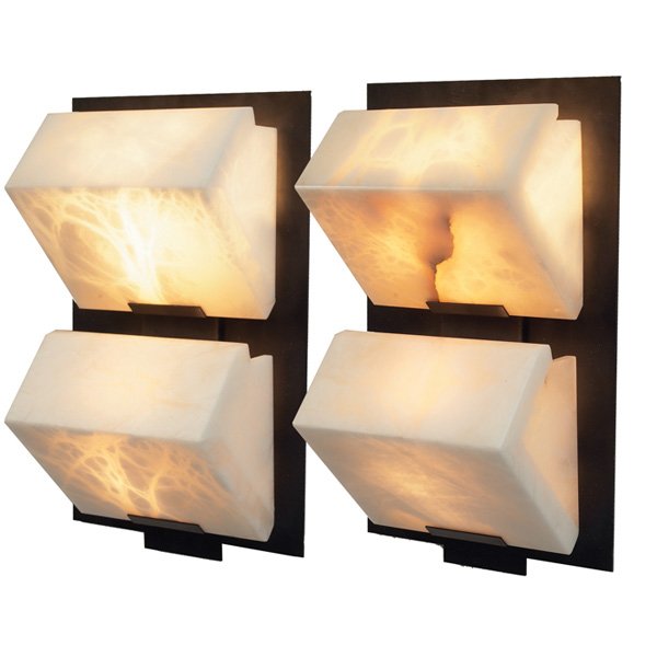 Pierre Chareau Auvent double block sconce sconces: Pierre Chareau Auvent double block sconces, pair, 1990s production of the 1920s design, produced by Edition Modern, each with two alabaster shades mounted in a metal frame, 9"w x 5.25"d x 15.25"h, exc