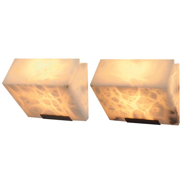 Pierre Chareau Auvent wall sconce sconces: Pierre Chareau Auvent wall sconces, pair, 1990s production of the 1920s design, produced by Edition Modern, each with one large rectangular alabaster shade mounted on a black metal frame, 9"w x 8"d x