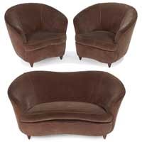 Arflex settee and lounge chairs: Arflex settee and lounge chairs, Italy, curved backrests, small tapered wood feet, original tufted velvet upholstery, unsigned, loveseat: 61"w x 34"d x 29.5"h, chairs: 35.5"w x 34"d x 29.5"h, good ori