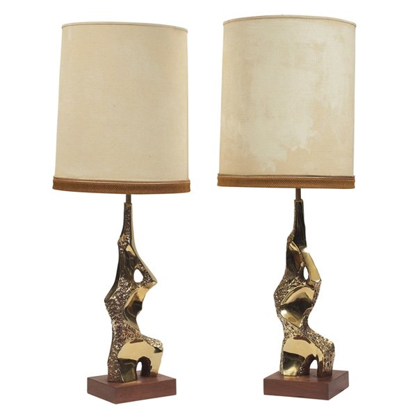 Maurizio Tempestini table lamp: Maurizio Tempestini table lamps, pair, by Laurel, abstract gold-tone metal forms over wood bases, original finish, each signed with Laurel label, base: 8"w x 7"d x 22"h, with shade: 42"h, one shade da