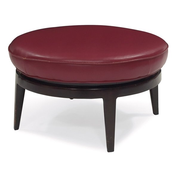 Edward Wormley Revolving Pouf model 4951 Dunbar: Edward Wormley Revolving Pouf, model 4951, by Dunbar, mahogany base, round upholstered seat, reupholstered in red vinyl, original finish, unsigned, 27"dia x 15.5"h, very good original condition
