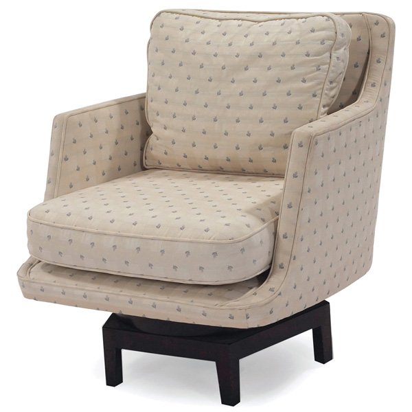 Edward Wormley Revolving lounge chair Dunbar: Edward Wormley Revolving lounge chair, by Dunbar, 1960s, sculptural dark mahogany base with swivel mechanism, replaced down-filled back cushion, reupholstered, original finish, 27.5"w x 32"d x 31"h, v
