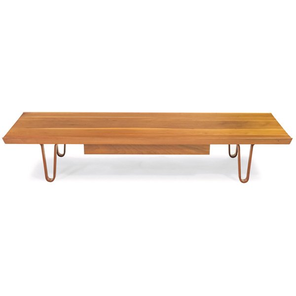 Edward Wormley Long John bench: Edward Wormley rare Long John bench, by Dunbar, sap walnut, extra-wide top, hairpin legs, one drawer, signed with green metal Dunbar tag, 66"w x 23.75"d x 11.5"h, the standard bench is 19" deep, wear 