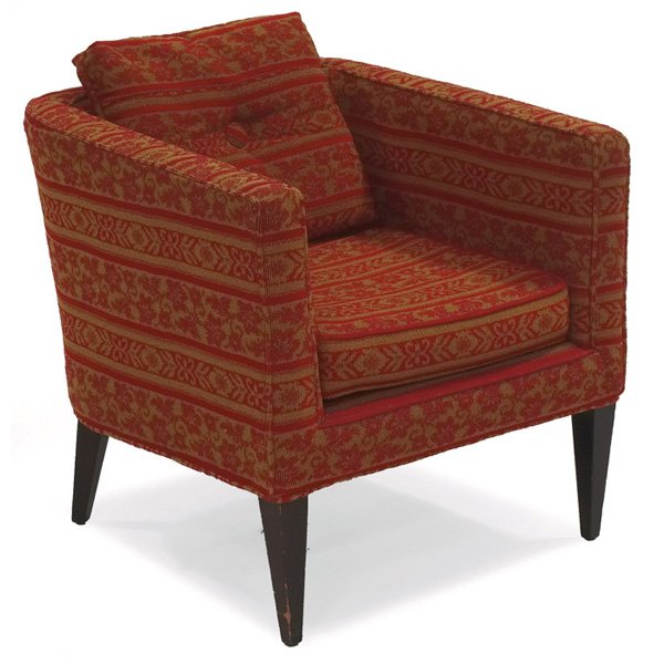 Edward Wormley occasional chair: Edward Wormley occasional chair, by Dunbar, tapered mahogany legs, curved backrest, backrest cushion with large single tufted button, reupholstered, original finish, 28"w x 28"d x 27"h, very good cond