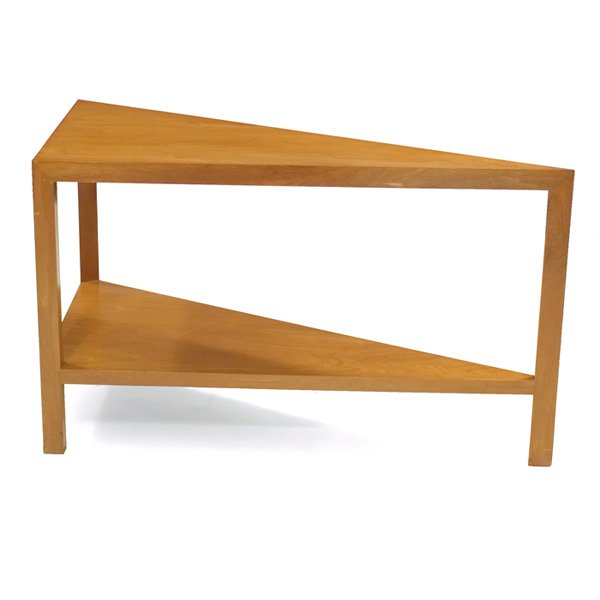 Edward Wormley corner table Dunbar model 4563: Edward Wormley corner table, by Dunbar, model 4563, mahogany, three legs, one lower shelf, original finish, signed with green metal tag, paper label and "Dunbar for Modern" label, 60"w x 26"d x 31.5"h