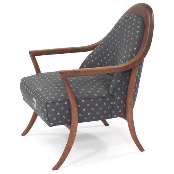 T. H. Robsjohn-Gibbings Saber-leg lounge chair: T. H. Robsjohn-Gibbings Saber-leg lounge chair, by Widdicomb, walnut frame with dramatically curved front legs, reupholstered in patterned fabric, original finish, unsigned, 27"w x 27"d x 33"h, damage