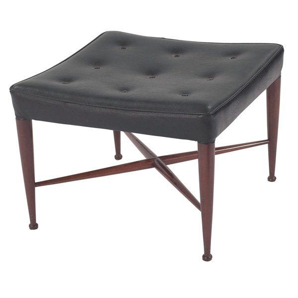 Edward Wormley bench Dunbar model 5002: Edward Wormley bench, by Dunbar, model 5002, 1950s, square form with tufted seat, turned wood legs with cross-stretchers, original tufted black vinyl upholstery, original finish, 22.5"w x 22.5"d x 16.