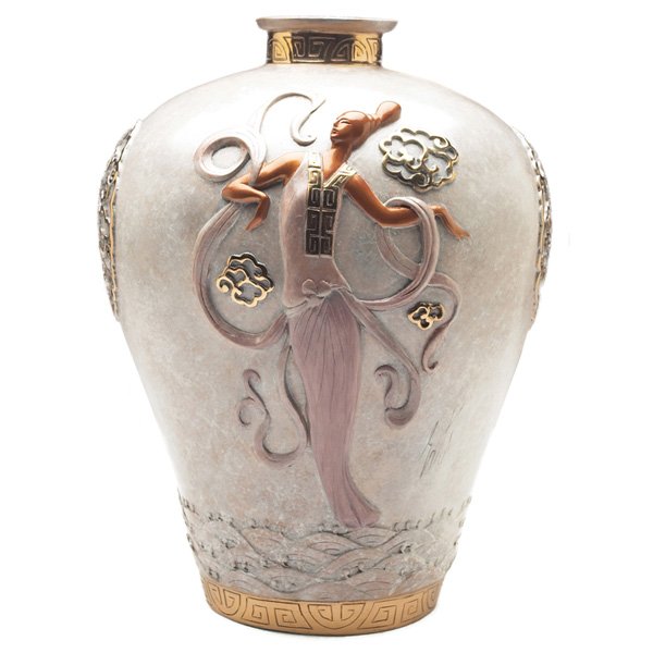 Erte (Romain de Tirtoff) vase, "Oriental Mystery", cast: Erte (Romain de Tirtoff) vase, "Oriental Mystery", cast bronze with an applied decoration of a female dancer on each side, signed, marked Seven Arts, 1990, edition 204/395, 8.5"w x 11.5"h, excellent c