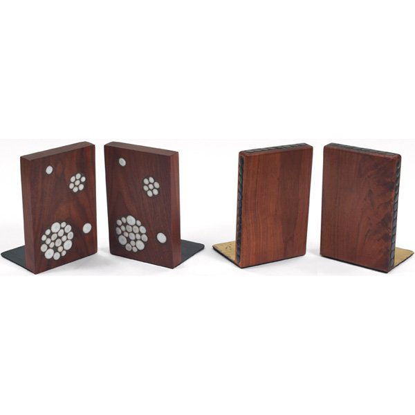 Marshall Studios bookends: Marshall Studios bookends, two pair, walnut, one with inset tiles and one with brass tack trim, 5"w x 4.5"d x 7.5"h, excellent original condition